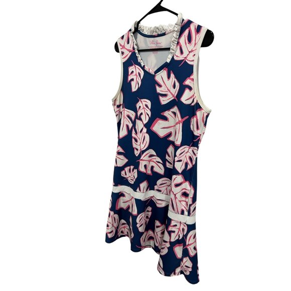 Lillie Green Sleeveless Blue Pink Tropical Leaf Print Peplum Dress Sz Medium - Picture 3 of 10